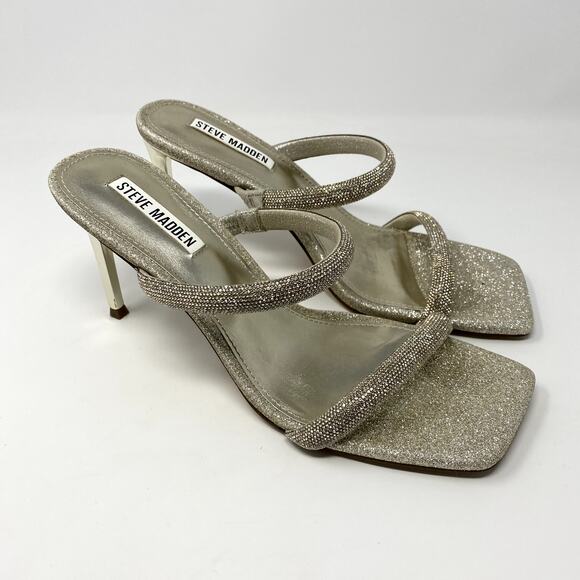 Steve Madden Pauleen Silver Rhinestone Metallic Square Toe Party Heels 8.5 - Picture 1 of 9